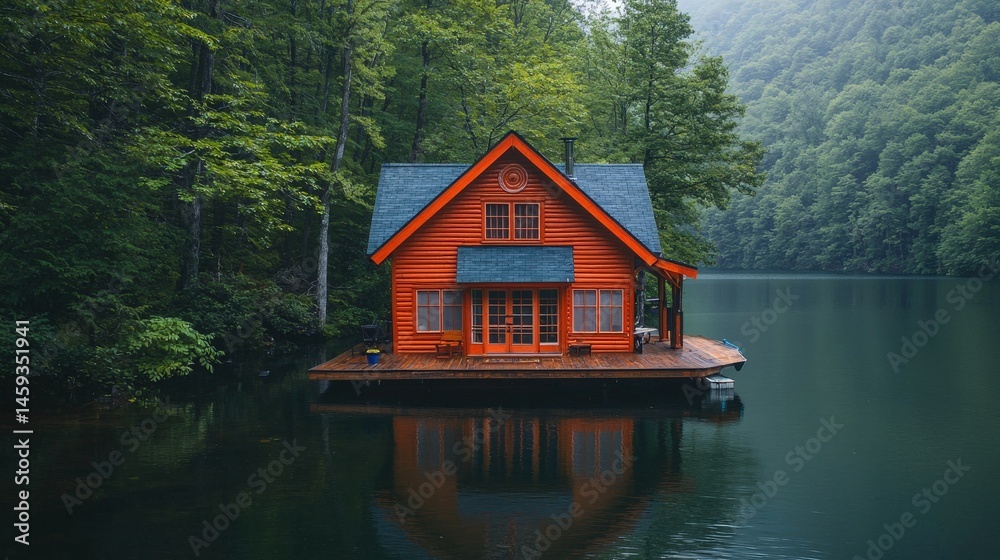 Fototapeta premium Rustic cabin house on a tranquil lake surrounded by trees.