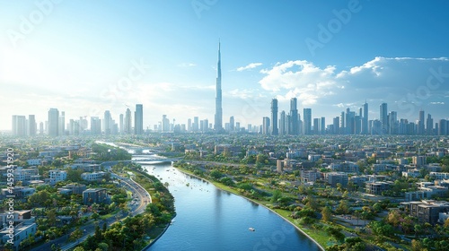 Panoramic cityscape view of a modern metropolis, featuring a prominent skyscraper and a serene waterway winding through urban landscapes. 
