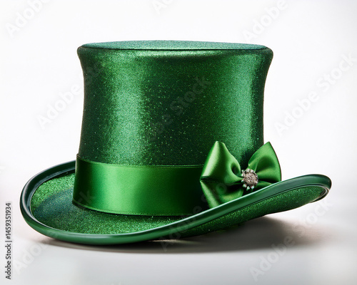 A sophisticated green top hat with a chic ribbon and a bejeweled accent that looks like a formal costume item or a leprechaun's hat