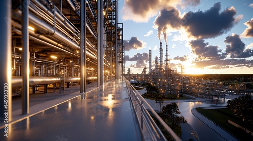 Fototapeta Naklejka Na Ścianę i Meble -  Refinery-style fossil fuel power station in low-pollution setup, clean exterior pipes and smoke stacks under clear daylight, industrial-modern fusion, negative space on top