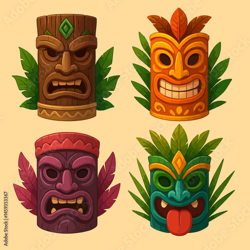 Colorful Tiki Masks with Expressive Faces and Lush Green Leaves
