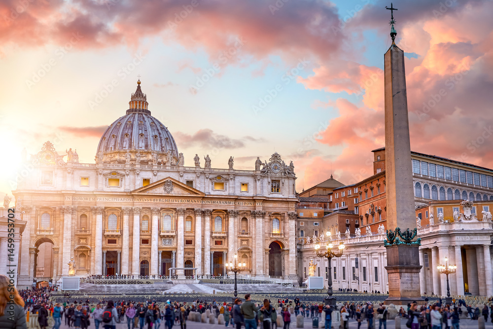Vatican City Holy( See). Rome, Italy. Dome of St. Peters Basil cathedral at Saint Square. Evening sunset, golden hour with evening sky and street lamps.