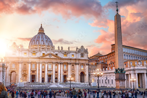 Obraz na płótnie Vatican City Holy( See). Rome, Italy. Dome of St. Peters Basil cathedral at Saint Square. Evening sunset, golden hour with evening sky and street lamps. w salonie
