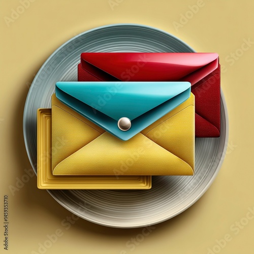Colorful Stylish Envelopes and Napkins on a Silver Plate with Yellow Background