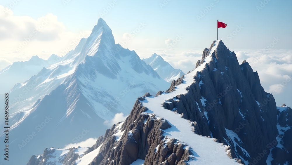 Majestic snow-capped mountain peaks, red flag on summit, jagged rocky ridges, clear blue sky, distant mountains, crisp alpine landscape, photorealistic rendering, high contrast, dramatic lighting, epi