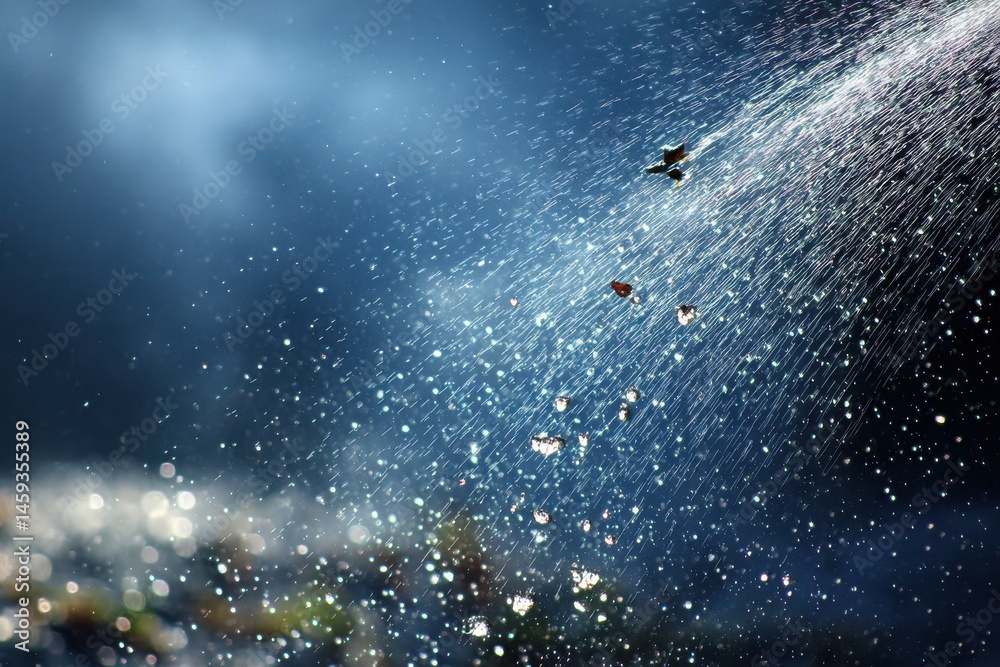 Obraz premium Soft Rain Falling Diagonally Across Clear Blue Sky with Gentle Bokeh Effect on Ground