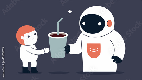 Taking a Sip The astronaut still in full gear attempts to delicately take a sip from an oversized coffee cup struggling to fit the straw into the helmets visor. The barista stands