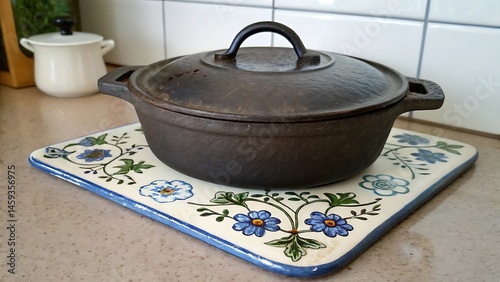 A cast iron pot lid on a ceramic trivet