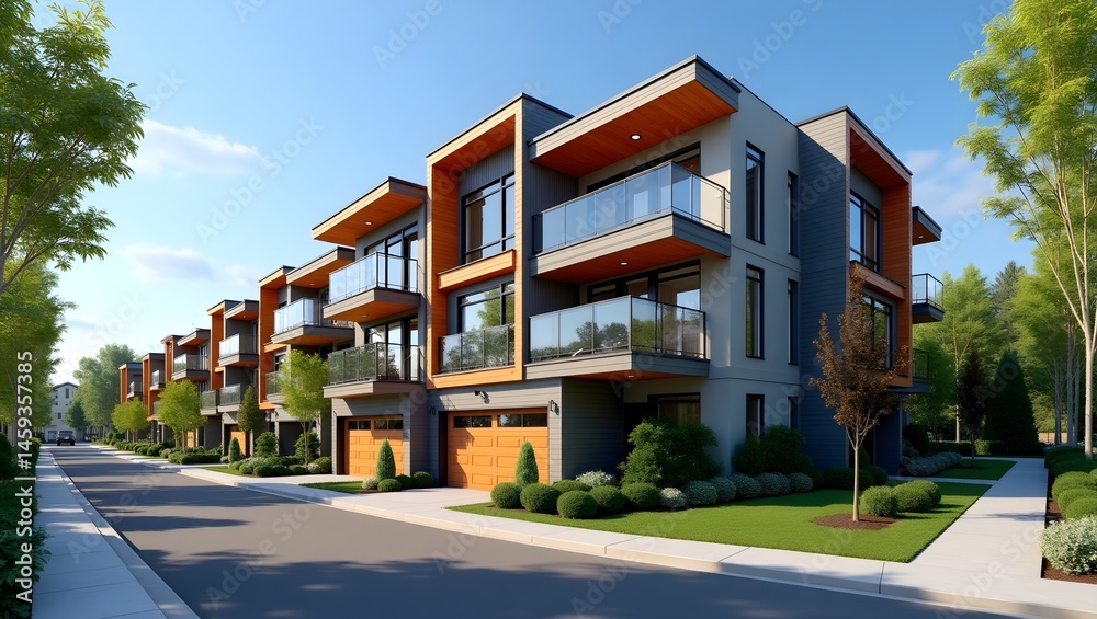 Modern apartment buildings, urban residential development, multi-story townhouses, contemporary architecture, orange and gray exterior, large windows, balconies, free-lined street, blue sky, sunny day