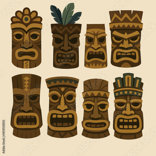 Collection of Decorative Brown Carved Wooden Masks with Various Facial Expressions