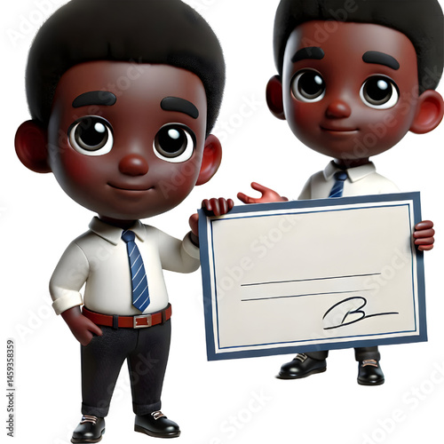 Cute BLACK man 3d holding blank card isolated on white background