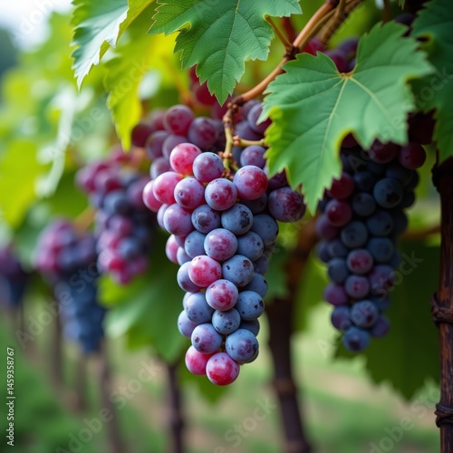 Wallpaper Mural Closeup of purple and red grapes hanging from green vines with large leaves in a field Torontodigital.ca