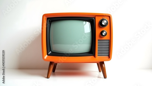 Retro orange television, vintage TV set, wooden legs, 1970s electronics, curved screen, analog tuning knobs, minimalist background,