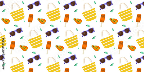 Bright summer pattern featuring sunglasses, popsicles, and tropical fruit on a white background