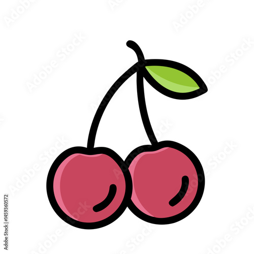 Illustration of two cherries with green leaf on a white background 
