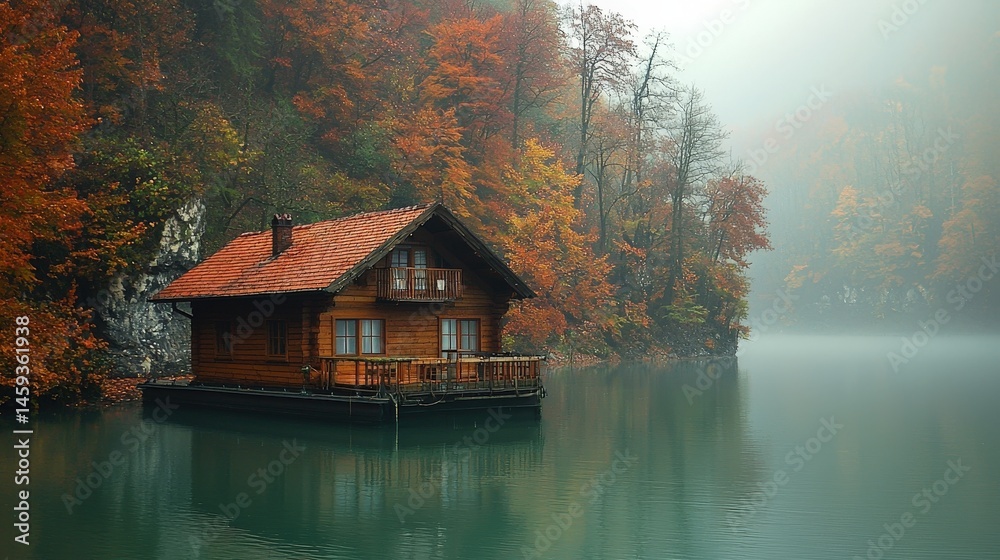 Fototapeta premium Misty autumnal cabin on a tranquil lake.