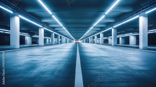 Empty underground parking garage lit by neon lights