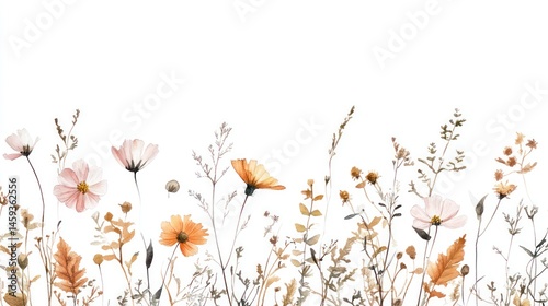 Watercolor floral border of dried wildflower meadow