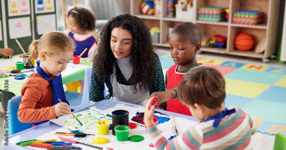 Fototapeta Classroom, teacher and children with painting for education, creativity and skills development. Preschool, educator and kids as students for artwork, learning and growth activity in kindergarten