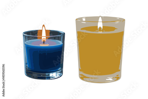 two candle in glass burning blue and yellow colours