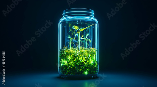 Glass Jar with Vibrant Green Plant Life and Illuminating Glow