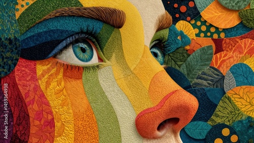 Primer plano de un rostro femenino con ojos azules, adornado con intrincados diseños y colores vibrantes sobre un fondo texturizado.