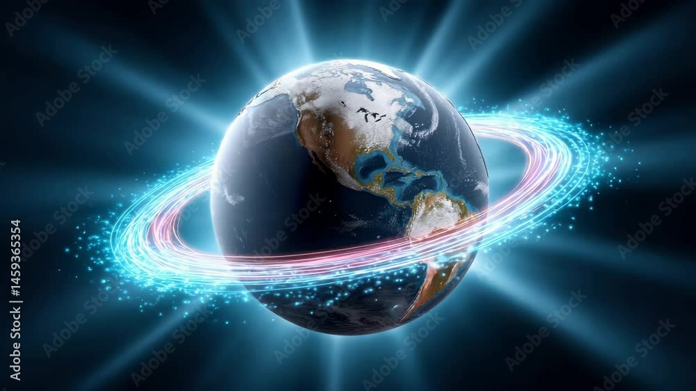 The connection of internet network signals and global access to technology. The advancement of telecommunications and AI. Central digital circle web connecting world regions.