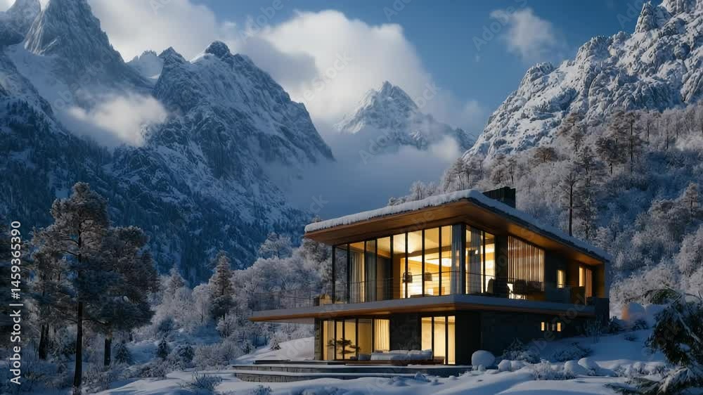 A modern modular smart home with sustainable and efficient design in a snow-covered mountain forest, surrounded by nature, as the scene transitions from daylight to a peaceful starry winter night