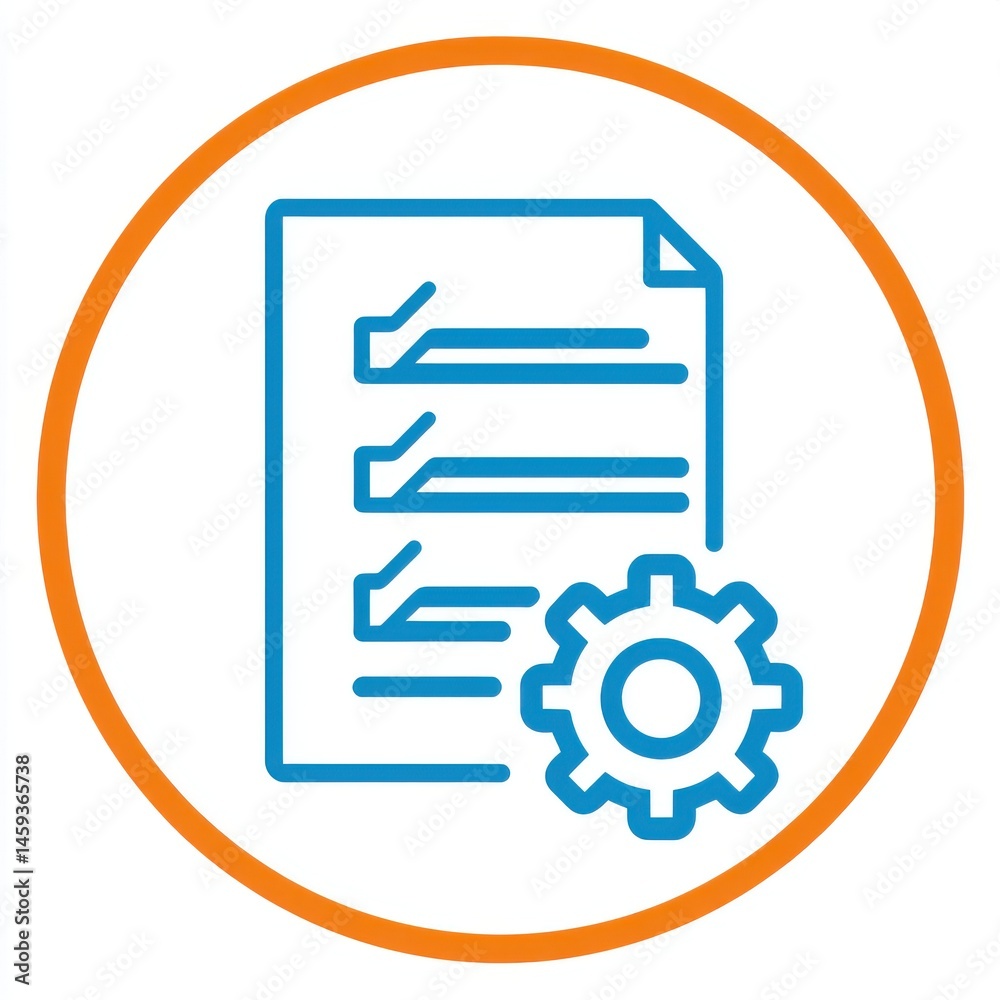 of a document or form icon with a gear or settings icon representing a checklist or workflow process management tool of a document or form icon with a gear or settings icon representing a checklist or workflow process management tool