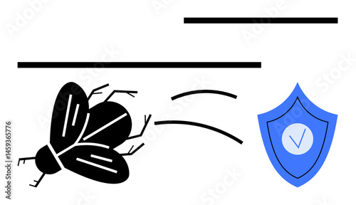 Black insect flying toward a blue shield with a checkmark, symbolizing defense and safety. Ideal for pest control, biosecurity, protection, prevention, health safety, hygiene, and a simple landing