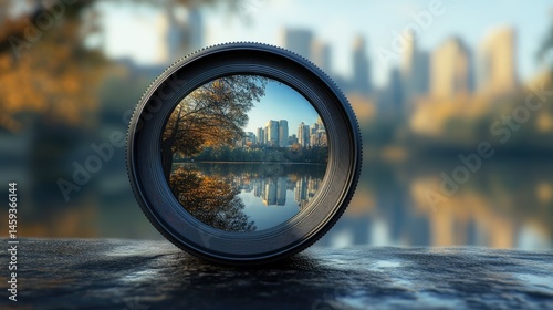 Nature mountains and forest landscape view through camera lens with blurred natural background