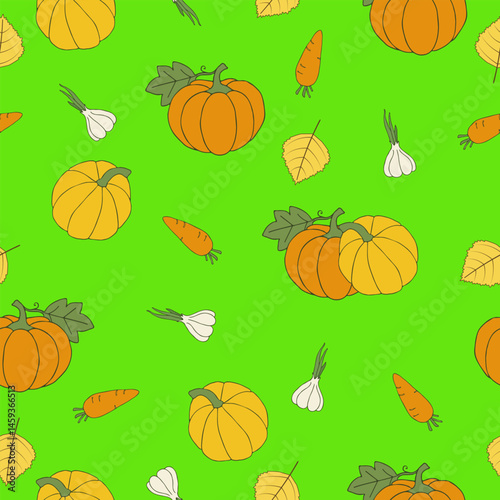 Vegetables isolated on a green background. Hand-drawn pumpkin, carrots, garlic. Seamless pattern under clipping mask, convenient for editing. Background for textile, paper, cover.
