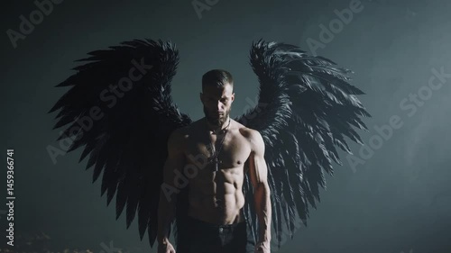 shirtless muscular man with large black wings standing in a misty, dark forest. He wears a heavy cross pendant, and his expression is intense and brooding