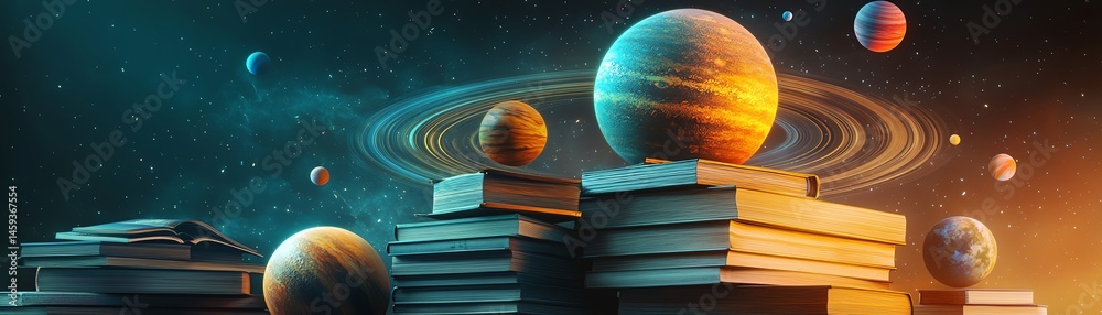 Planets on books, space, cosmos, astronomy, science fiction.