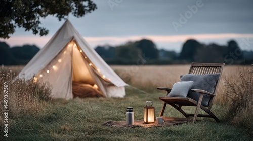 Glamping tent with string lights and wooden chair with pillows in scenic field at sunset with lantern and thermos