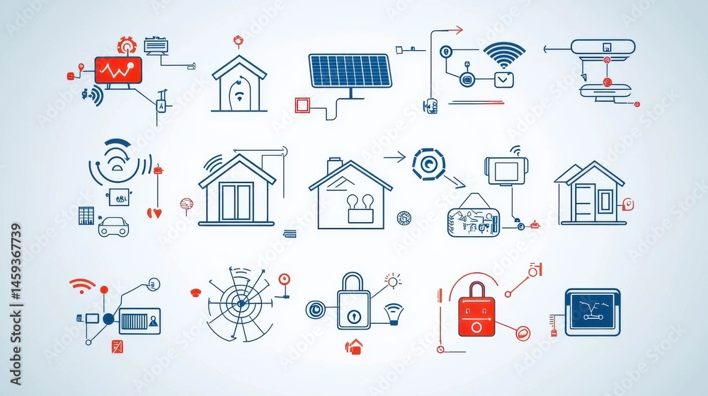 A collection of icons representing various smart home technologies including security connectivity energy efficiency and home automation features A collection of icons representing various smart home technologies including security connectivity energy efficiency and home automation features