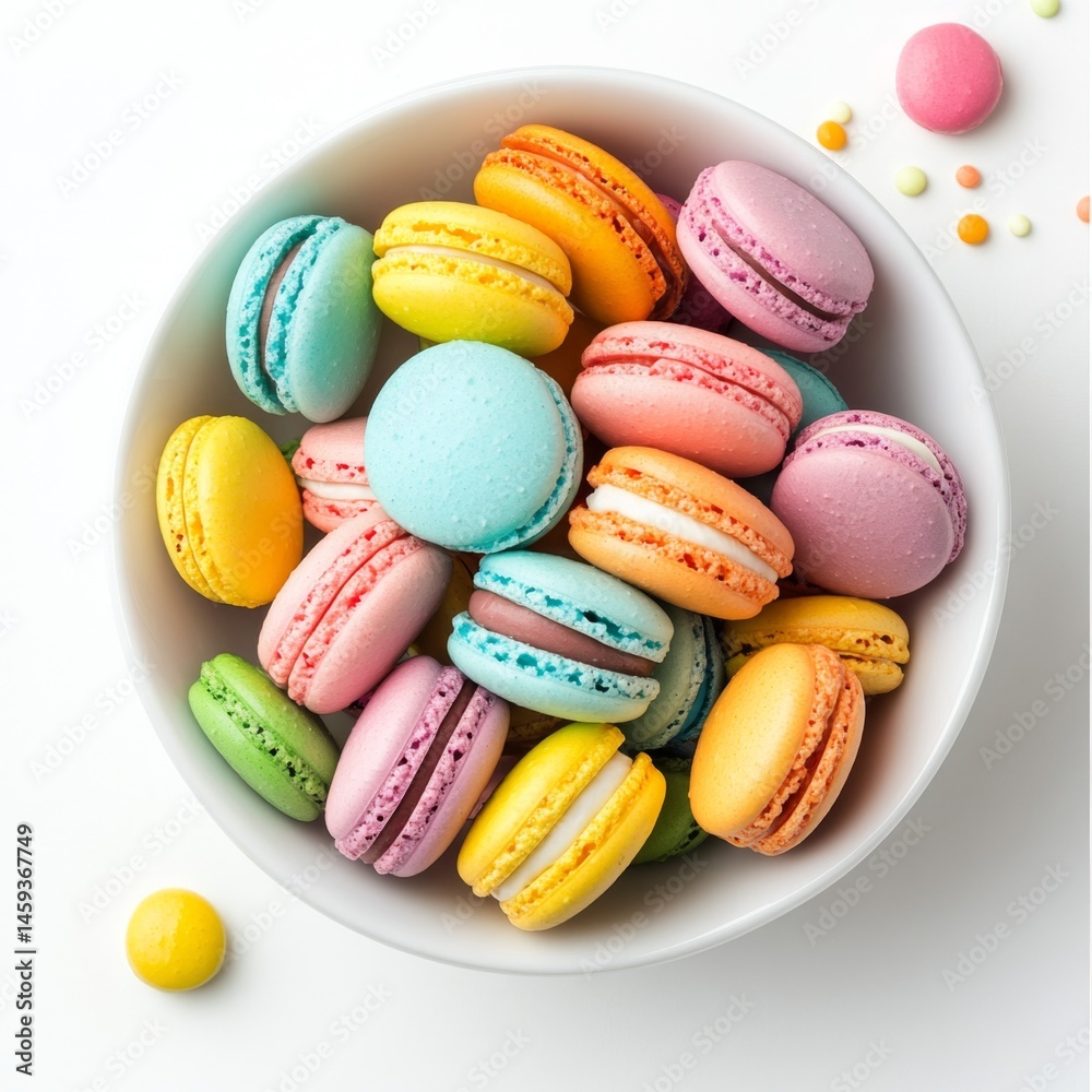 Colorful macarons in a white bowl. A delightful mix of pastel-colored sweet treats Colorful macarons in a white bowl. A delightful mix of pastel-colored sweet treats