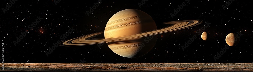Saturn, rings, and moons in space.