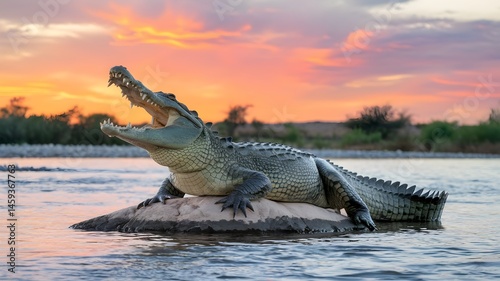 A massive crocodile with its mouth open wide, basking on a rock in the middle of a river during a vibrant sunset. The crocodile's scales glisten in the golden light.