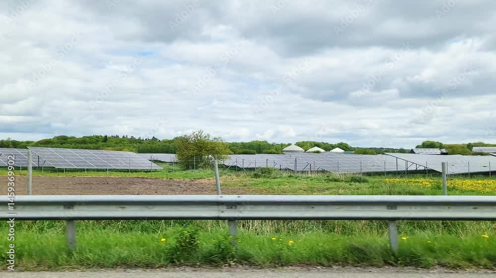 Solar panels in a field seen from a moving vehicle, with a guardrail and some dandelions in the foreground Solar panels in a field seen from a moving vehicle, with a guardrail and some dandelions in the foreground