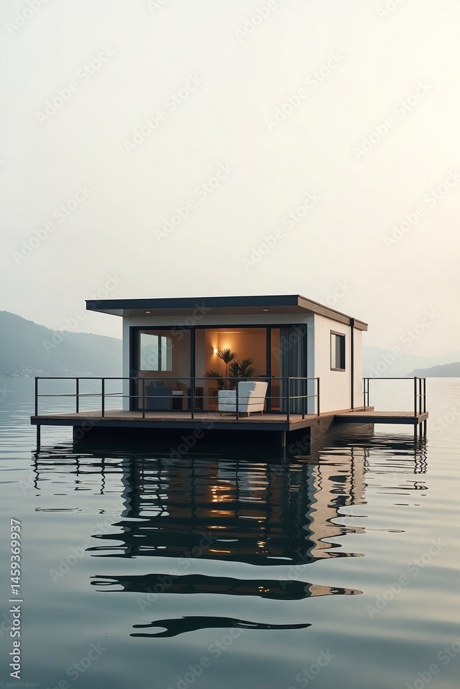 Natural Daylight Bathed Floating Home: Compact Modern Houseboat Design, Moored Peacefully on Calm Water, Embodying a Unique and Mobile Lifestyle Natural Daylight Bathed Floating Home: Compact Modern Houseboat Design, Moored Peacefully on Calm Water, Embodying a Unique and Mobile Lifestyle