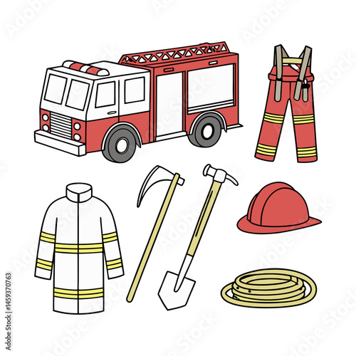 Set of Firefighting Equipment Including Tools, Uniform, and Fire Truck Illustration