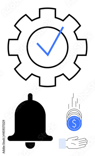 Gear with blue check mark, notification bell, coins dropping into an open hand. Ideal for productivity, automation, notifications, success, earning, financial apps simple landing page