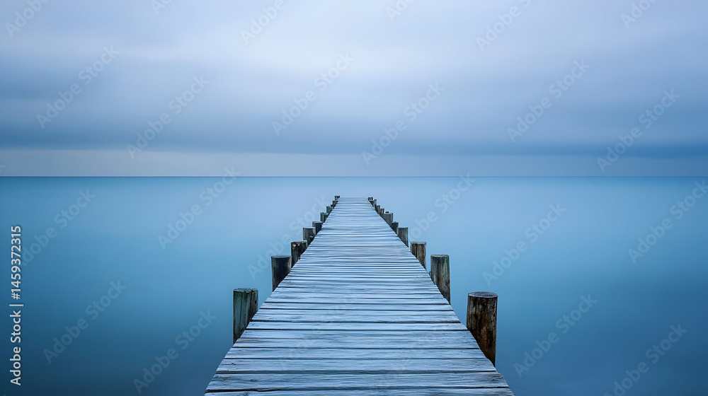 Fototapeta premium Serene Wooden Pier Extending into Calm Blue Waters Under Clouds