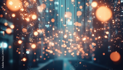 Fototapeta Naklejka Na Ścianę i Meble -  A city street bathed in warm, glowing light.  Illuminated by many small,  hanging lights, blurring the urban backdrop