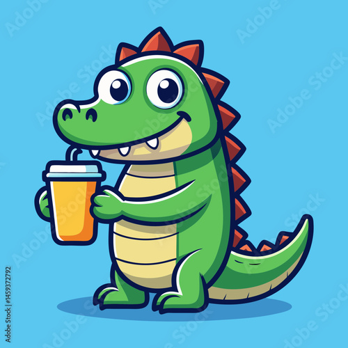 Download Cute Crocodile Drinking Coffee Cartoon Vector  Eps File For Design.