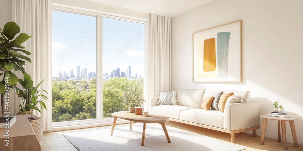 Fototapeta premium A living room in Scandinavian style with sofa, wooden coffee table and large window.
