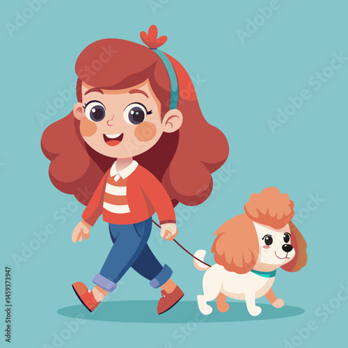 Download Cute Girl Walking With Poodle Dog Cartoon Vector Eps File For Design.