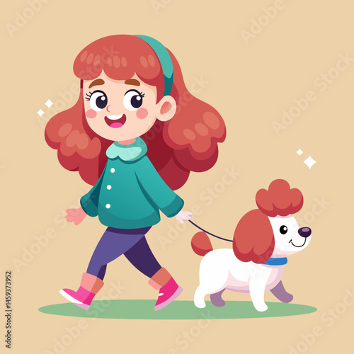 Download Cute Girl Walking With Poodle Dog Cartoon Vector Eps File For Design.