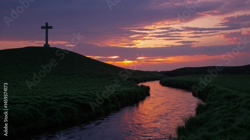 Christian Cross Silhouette on Hill Overlooking River at Sunset - Faith, Hope, Spirituality. Baptism